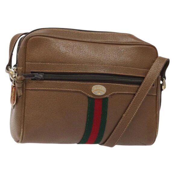GUCCI Web Sherry Line Shoulder Bag Leather Brown Gold Auth 126169
